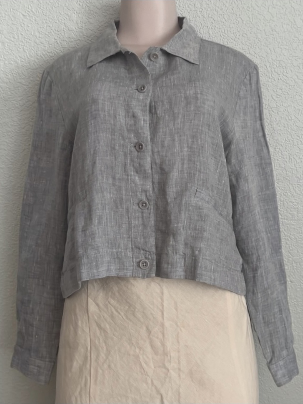 Eileen Fisher Gray 100% Organic Linen Cropped Jacket Blazer PM Lagenlook Preppy